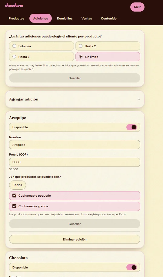 Panel del dueño: pantalla de Adiciones, con la opción de cuántas adiciones puede elegir el cliente y, para una adición, su nombre, su precio y los productos en los que se puede pedir.