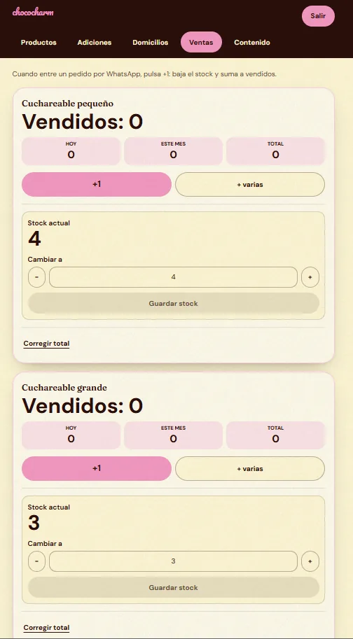 Panel del dueño: pantalla de Ventas, con los contadores de vendidos hoy, este mes y en total por producto, los botones para sumar una venta y el control de stock.