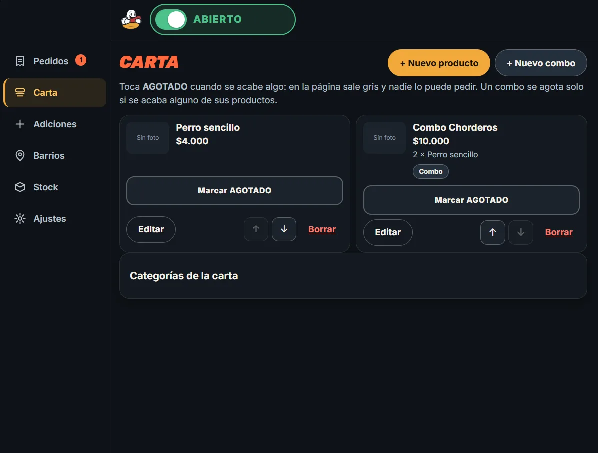 Panel del dueño de Chordogs: pantalla de la carta con los productos y el botón para marcarlos como agotados.