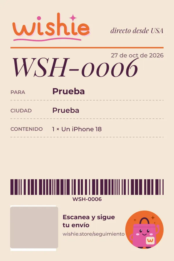 Etiqueta de pedido lista para imprimir, con el código del pedido, los datos de envío, un código de barras y un código QR de seguimiento.