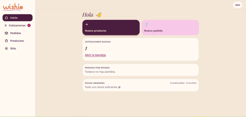 Panel de Wishie: pantalla de inicio con accesos a nuevo producto y nuevo pedido, el contador de cotizaciones nuevas, los pedidos por estado y el aviso de pocas unidades.